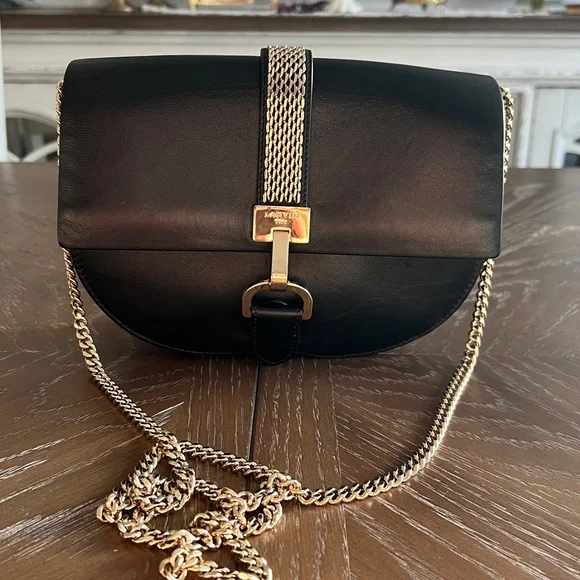 LANVIN Lamb Leather Crossbody Bag Logo Chain Trim & Strap Magnetic Flap - Picture 7 of 17